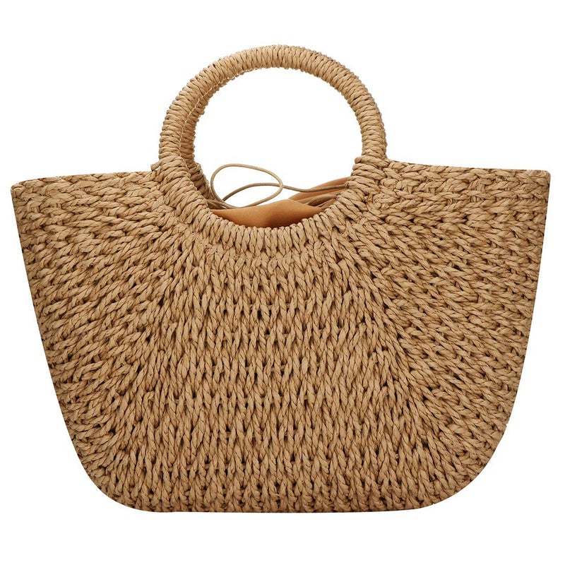 EROUGE Natural Chic Straw Bag Hand Woven Round Handle Handbags Retro Summer Beach Bag (Coyote brown) - Image 2